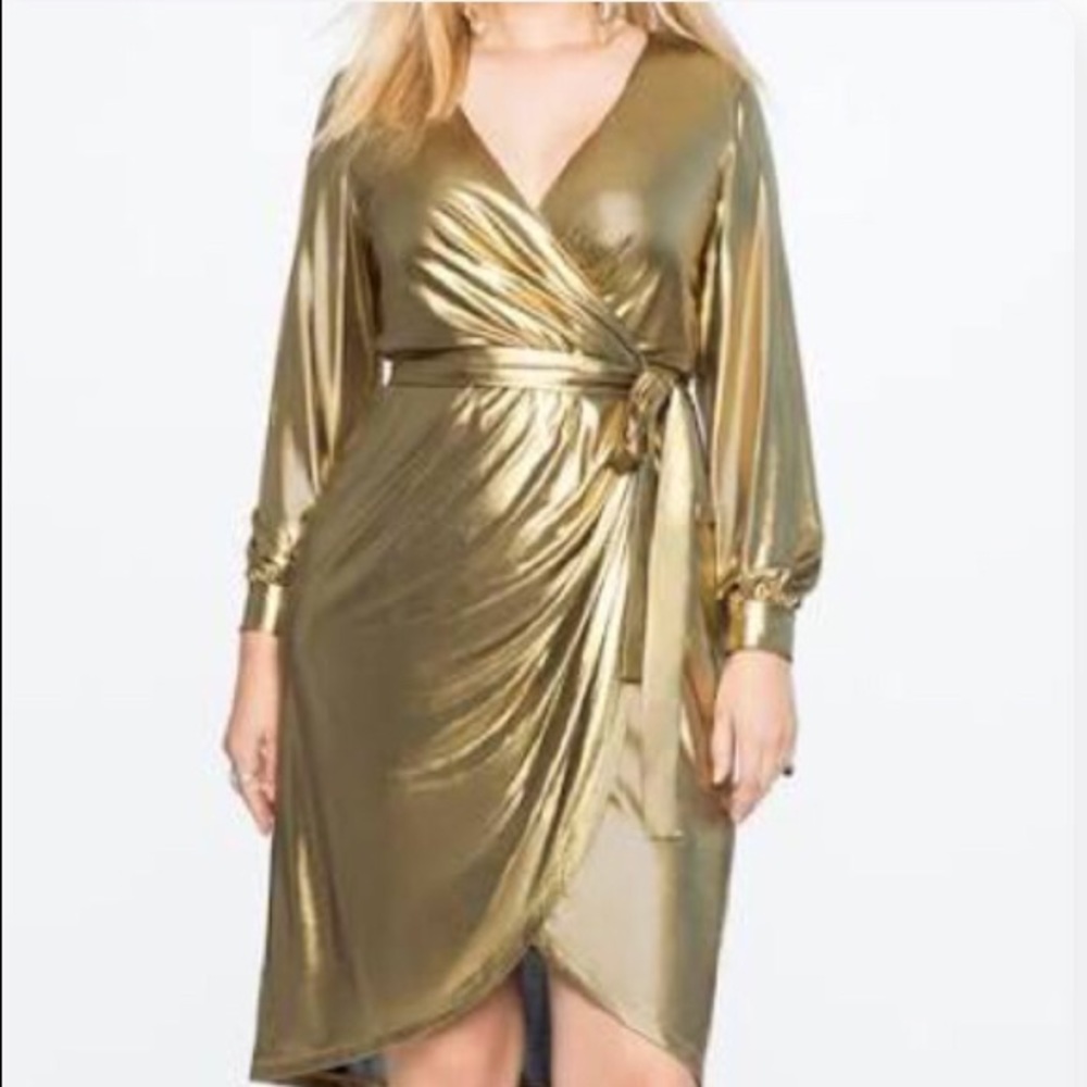 ELOQUII Gold Metallic Wrap Dress (16 US)